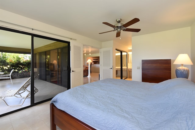 bedroom featuring ceiling fan, light tile patterned floors, and access to outside