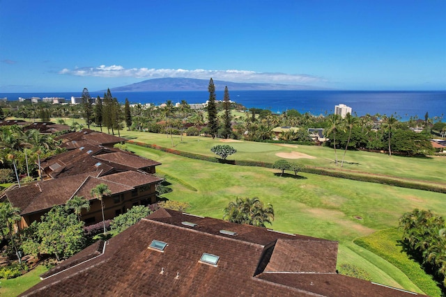 bird's eye view featuring a water and mountain view