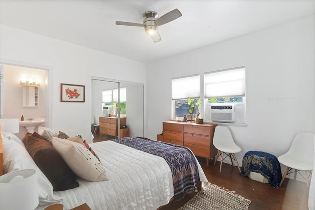 568 Hana Hwy Unit B, Paia, HI 96779 - bedroom featuring wood finished floors, a closet, cooling unit, ensuite bathroom, and a ceiling fan