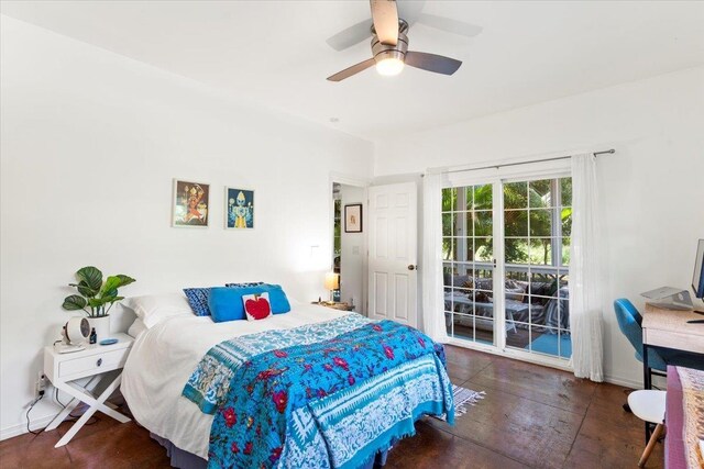 568 Hana Hwy Unit B, Paia, HI 96779 - bedroom featuring access to exterior, a ceiling fan, and wood finished floors