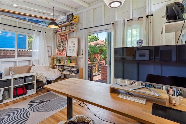568 Hana Hwy Unit B, Paia, HI 96779 - office area with plenty of natural light, beam ceiling, and wood finished floors