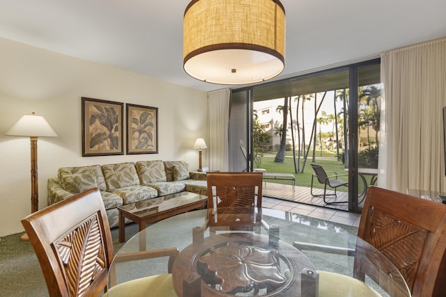 living room with tile patterned flooring and a wall of windows