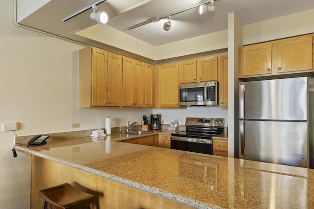 kitchen with appliances with stainless steel finishes, a kitchen breakfast bar, kitchen peninsula, and sink