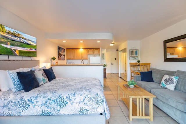 tiled bedroom with white refrigerator