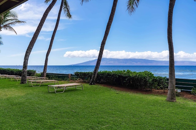 exterior space featuring a water view and a yard