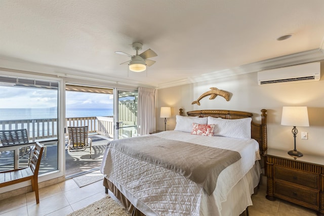 tiled bedroom featuring a wall mounted air conditioner, access to outside, a water view, crown molding, and ceiling fan