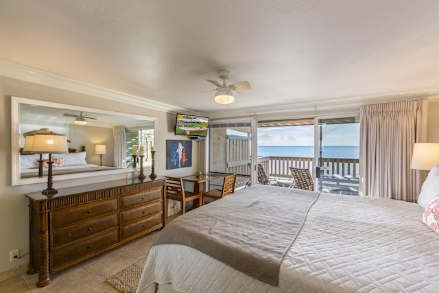 bedroom featuring light tile patterned floors, access to outside, ceiling fan, and ornamental molding