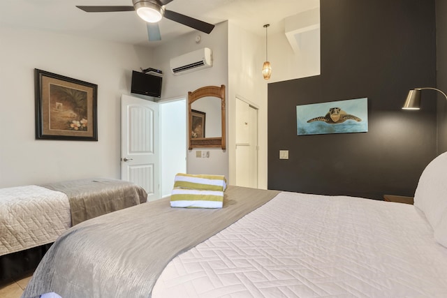 bedroom featuring high vaulted ceiling, an AC wall unit, and ceiling fan