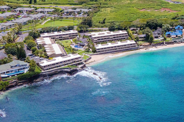 aerial view featuring a beach view and a water view