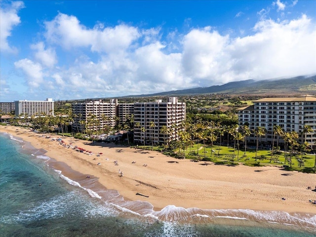 birds eye view of property with a water view and a view of the beach