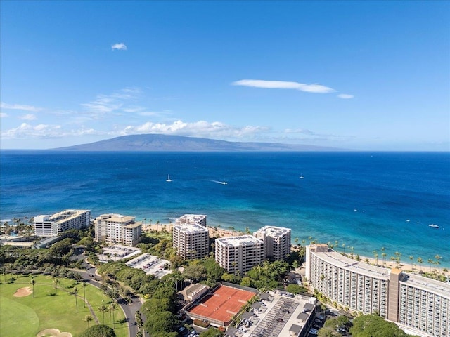 birds eye view of property with a water and mountain view