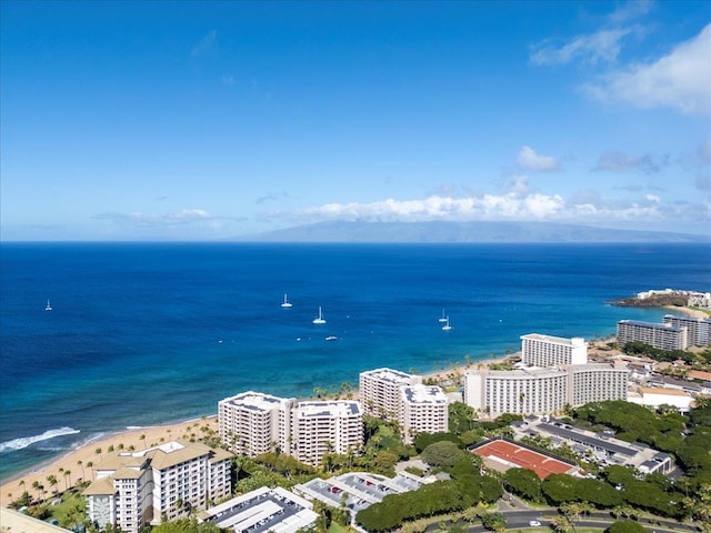 birds eye view of property with a beach view and a water view