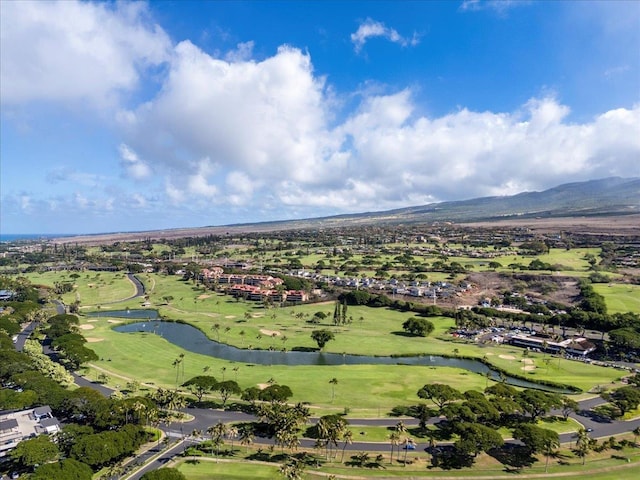 aerial view featuring a water and mountain view