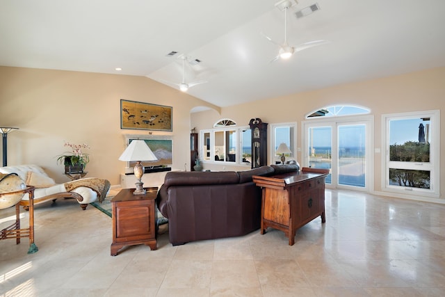 living room with vaulted ceiling and ceiling fan