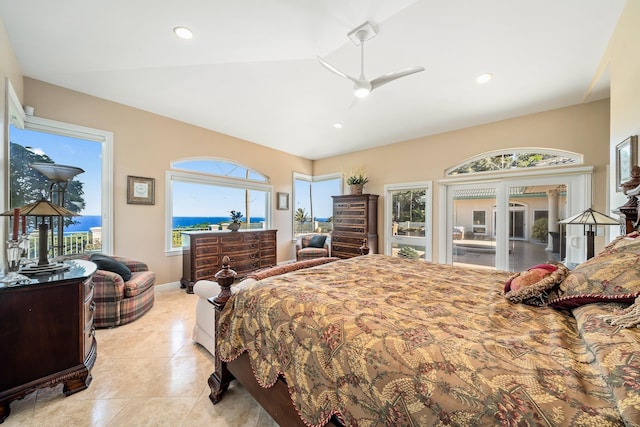 tiled bedroom featuring access to exterior, french doors, and ceiling fan