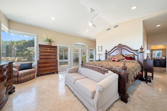 bedroom featuring ceiling fan, french doors, and vaulted ceiling