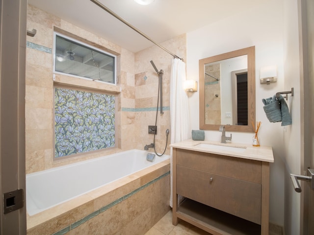 bathroom featuring tile patterned floors, vanity, and shower / bathtub combination with curtain