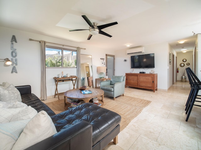 living room with ceiling fan, a wall mounted AC, and light tile patterned floors