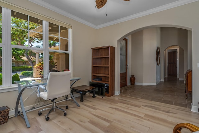 1387 Hihimanu St Unit 16, Kihei, HI 96753 - office space featuring ornamental molding, ceiling fan, and light hardwood / wood-style flooring