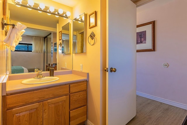 bathroom with hardwood / wood-style floors and vanity