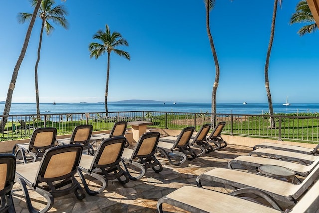 view of patio / terrace featuring a water view