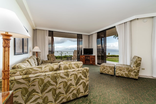 living room with dark carpet and expansive windows