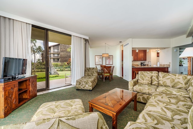 carpeted living room with a healthy amount of sunlight and sink