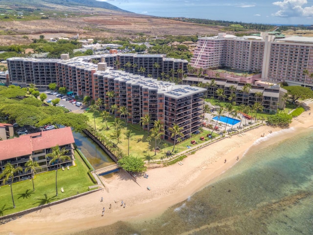 aerial view with a view of the beach and a water view