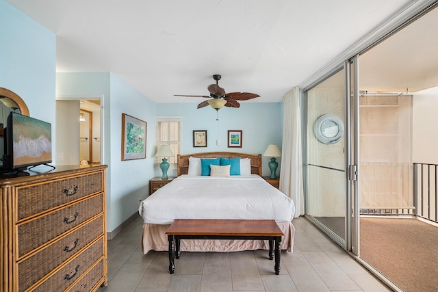 bedroom featuring access to outside and ceiling fan