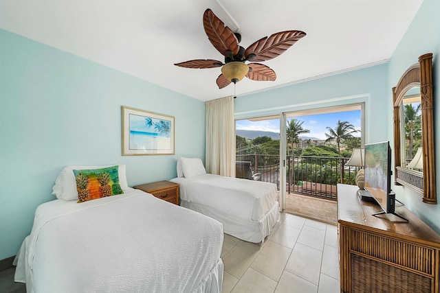 bedroom with ceiling fan, access to exterior, and light tile patterned floors