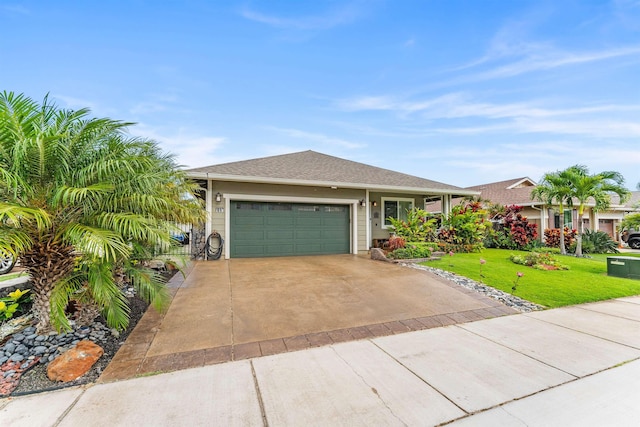 single story home with a garage and a front lawn