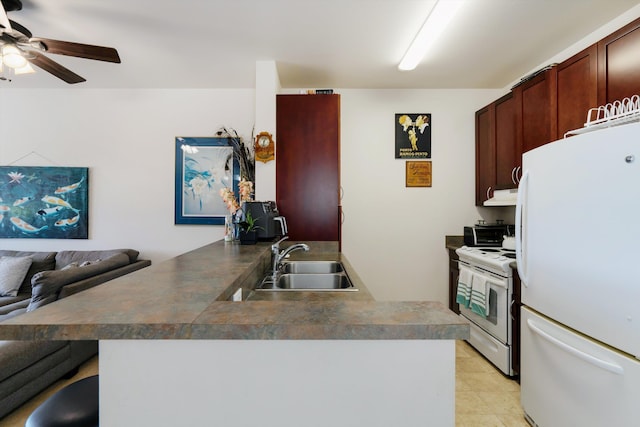kitchen featuring ceiling fan, dark countertops, a sink, a peninsula, and white appliances