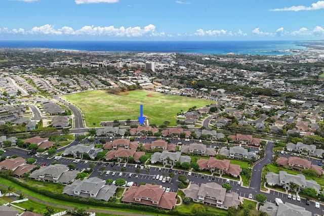aerial view featuring a water view and a residential view