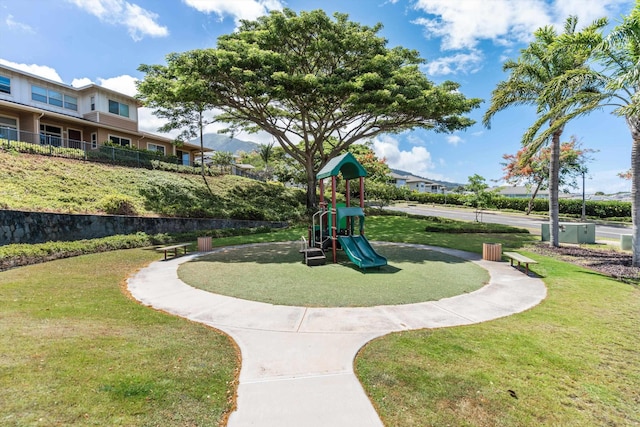 view of community with a lawn and playground community