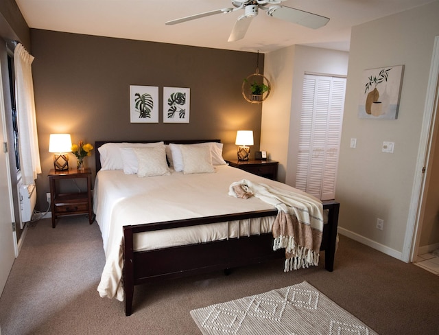 bedroom with carpet floors, a closet, and ceiling fan