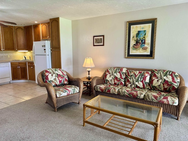 7146 Kamehameha V Hwy Unit C107, Kaunakakai, HI 96748 - living area featuring a textured ceiling, light colored carpet, ceiling fan, and light tile patterned floors