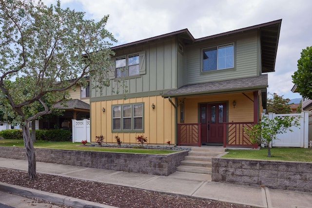 62 Meheu Cir, Kahului, HI 96732 - view of front of property with board and batten siding, a porch, fence, and a gate
