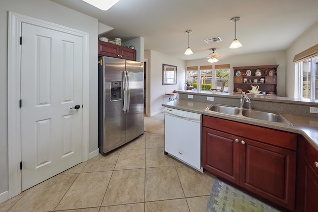 62 Meheu Cir, Kahului, HI 96732 - kitchen with stainless steel fridge with ice dispenser, visible vents, light tile patterned floors, white dishwasher, and a sink