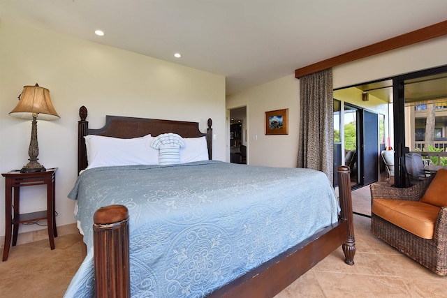 tiled bedroom featuring access to exterior and recessed lighting