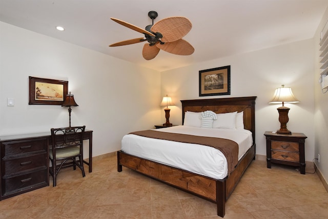 bedroom with light tile patterned flooring and ceiling fan