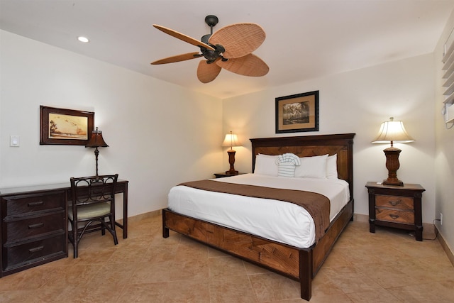 bedroom with baseboards, a ceiling fan, and recessed lighting