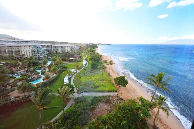 bird's eye view featuring a beach view and a water view