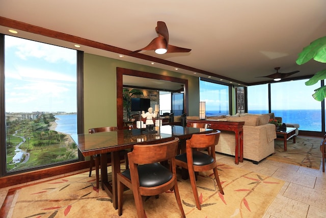 dining space featuring ceiling fan and expansive windows