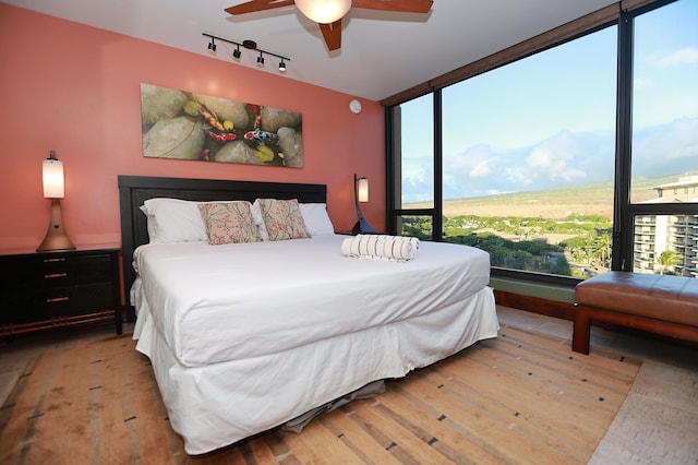 bedroom featuring ceiling fan, light wood-type flooring, and rail lighting