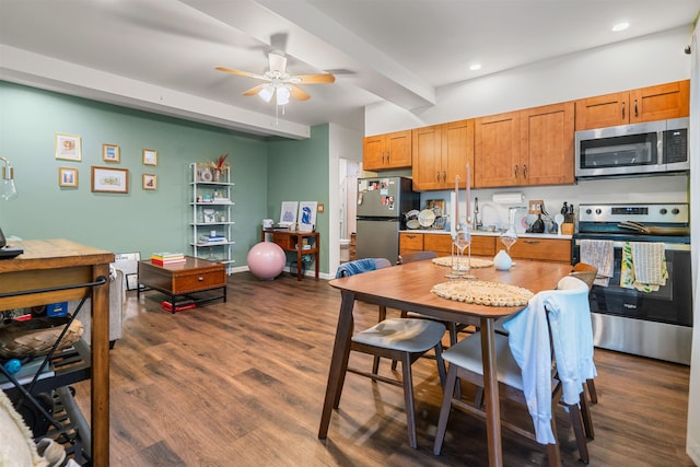 473 Kalalau Pl, Kihei, HI 96753 - kitchen with stainless steel appliances, ceiling fan, brown cabinetry, dark wood finished floors, and beamed ceiling