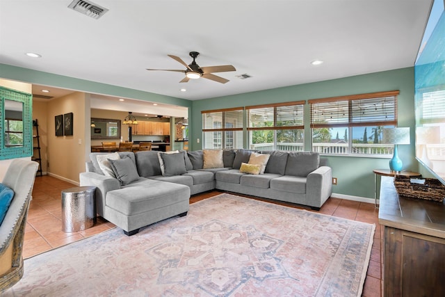473 Kalalau Pl, Kihei, HI 96753 - tiled living room featuring baseboards, a ceiling fan, and recessed lighting