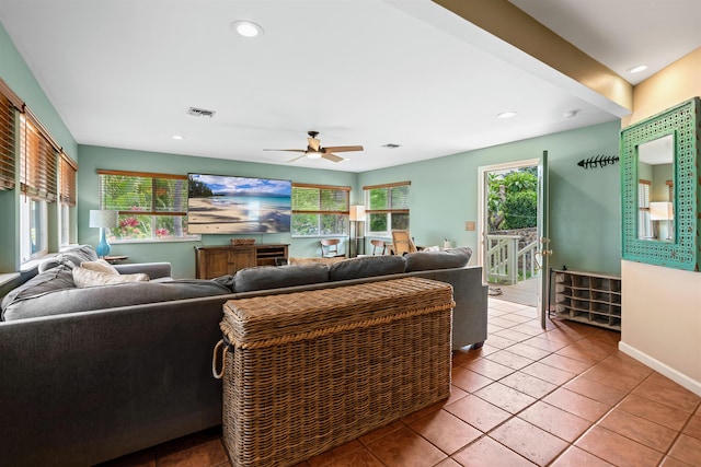 473 Kalalau Pl, Kihei, HI 96753 - tiled living room featuring ceiling fan, baseboards, and recessed lighting