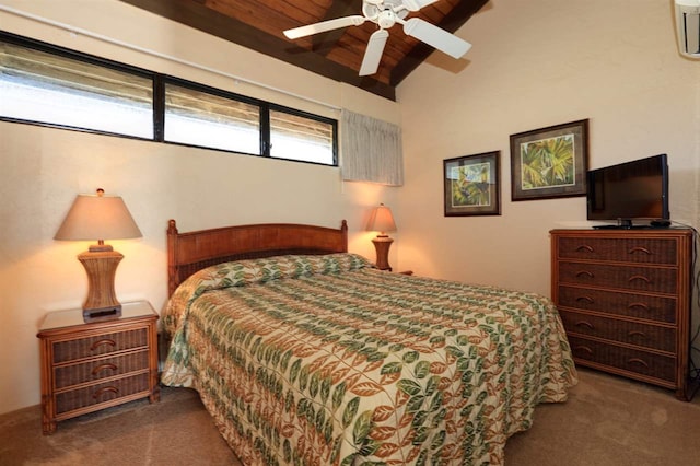 bedroom with dark carpet, vaulted ceiling, and ceiling fan