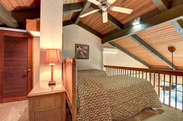 unfurnished bedroom with lofted ceiling with beams, wood ceiling, carpet, and ceiling fan