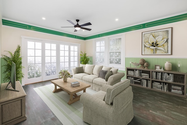 living room with ceiling fan and dark wood-type flooring